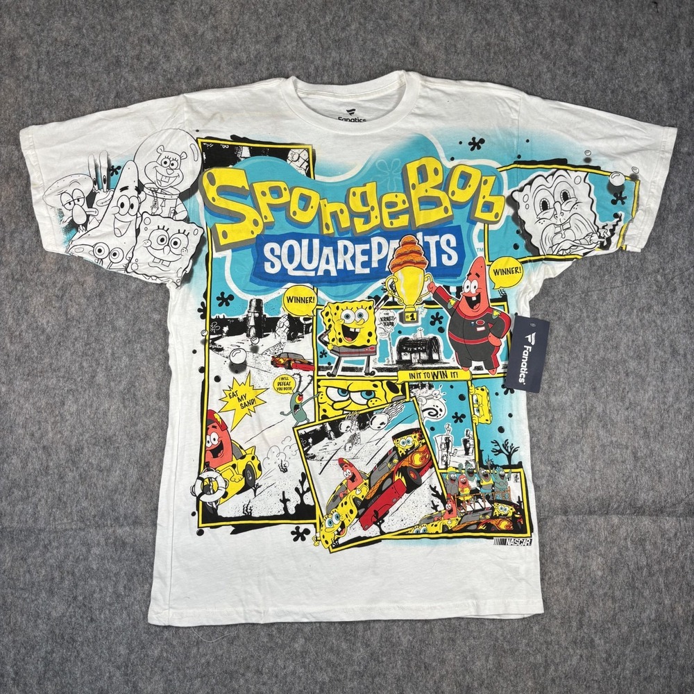 Spongebob Squarepants NASCAR All Over Print T-Shirt Men's Large Short Sleeve NWT